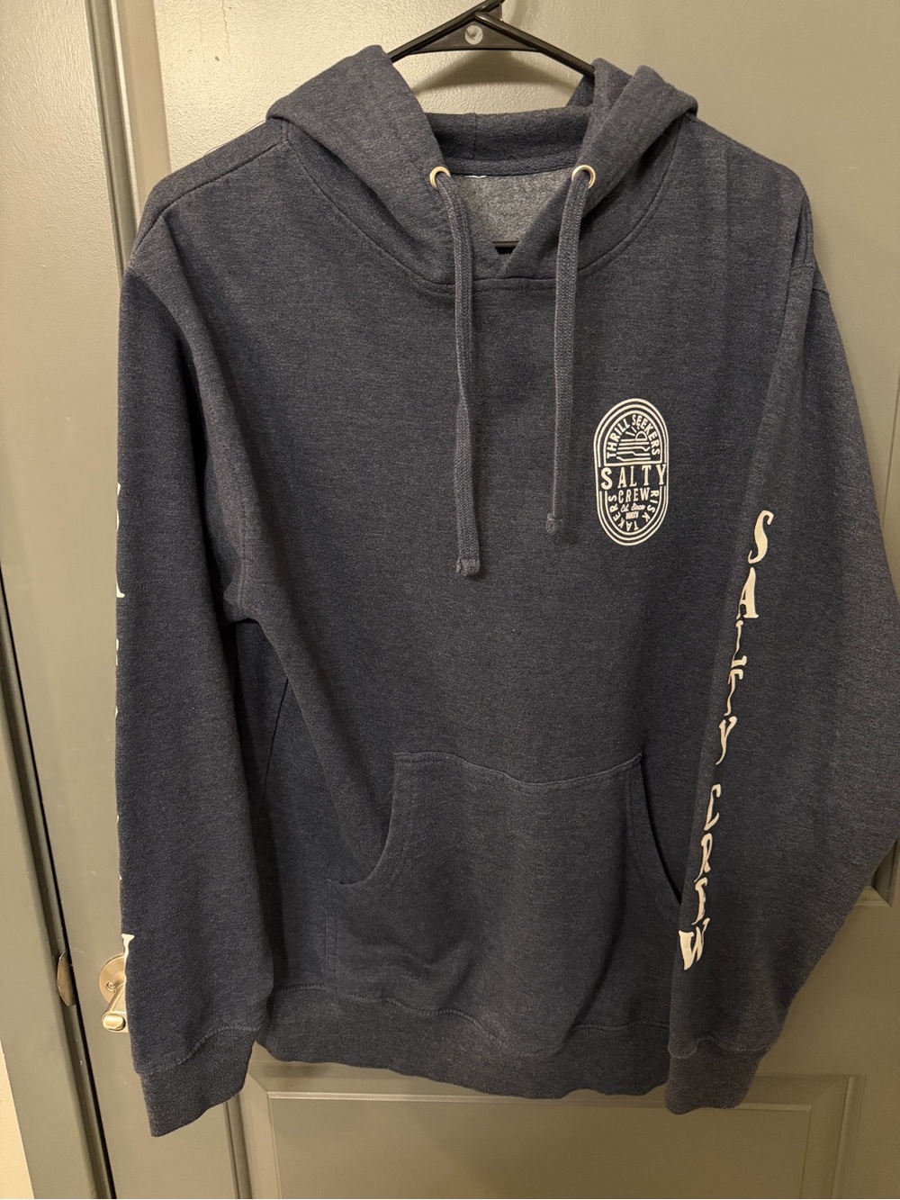 Salty Crew Navy Pullover Hoodie with White Logo and Sleeve Script Medium